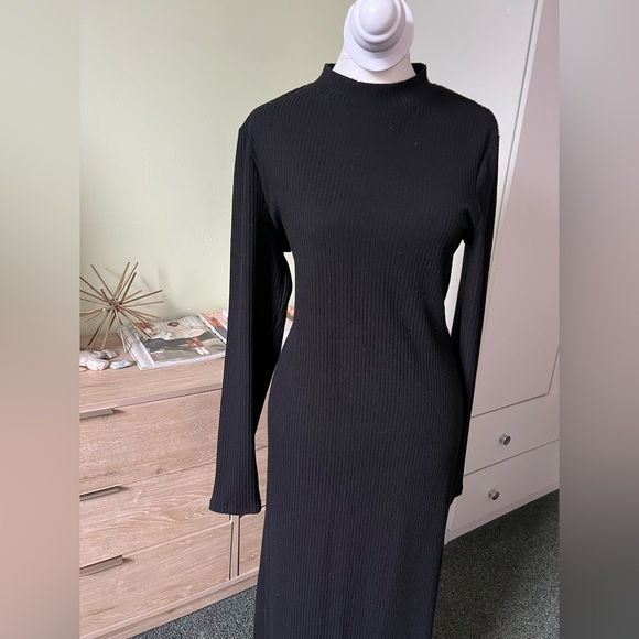 PRIMARK Black Ribbed Mockneck Stretch Long-Sleeve Maxi Modest Basic Dress Sz L - Picture 7 of 16